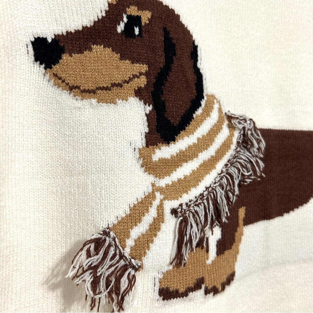 Anthropologie Dachshund Dog 3D Embroidery Novelty Art Beige Knit Sweater NEW L - Picture 4 of 9